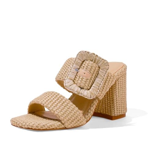 Ancomafio Womens Heeled Sandals Raffia Sandals Square Open Toe Chunky Block Heels Double Strap Summer Dressy Mules Slip On Brown Size 10 - Image 1