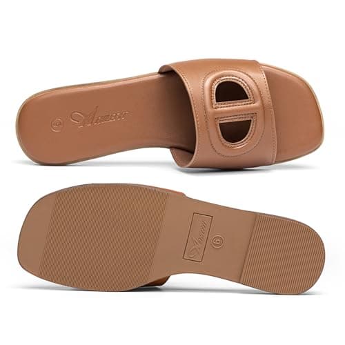 Athlefit Women's Flat Sandals Square Open Toe Comfortable Slip On Summer Beach Tan Slide Sandals Size 10 - Thumbnail 5