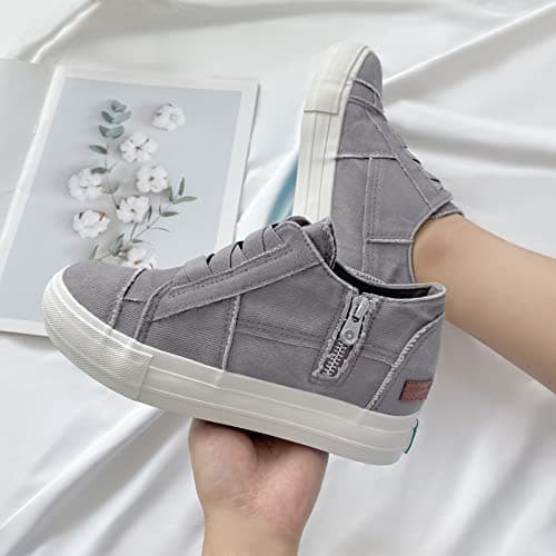 JENN ARDOR Wedge Sneakers for Women Fashion Canvas Shoes Casual Platform Hidden Heel Slip On Sneaker Side Zipper - Thumbnail 2