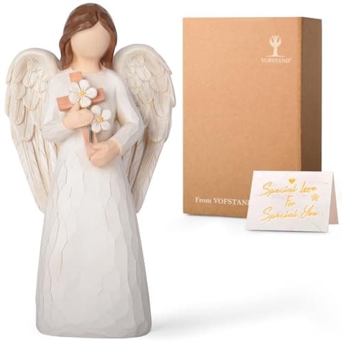 VOFSTAND Sympathy Gifts for Loss of Loved One - 6.7" Hand-Painted Angel Figurine Holding Cross with Flowers, Memorial Gifts for Loss of Mother Father, Remembrance Angel Statue Grief Gifts