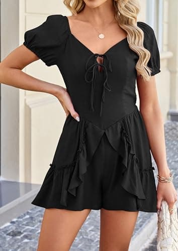 ECOWISH Womens Summer Short Rompers Tie Front V Neck Short Sleeve Ruffle Hem Beach Romper Dress with Pockets 2026 Black Large - Thumbnail 2