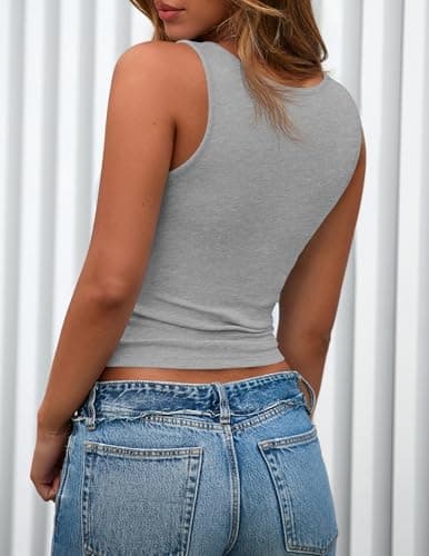 PRETTYGARDEN Womens 2026 Summer Tank Tops Ribbed Knit Slim Fit Sleeveless Henley Shirts Casual Basic Button Up Blouse (Grey,Small) - Thumbnail 2