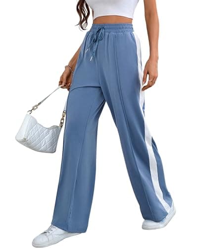 Bellcoco Women Wide Leg Sweatpants High Waisted Baggy Sweat Pants Drawstring Striped Track Pants with Pockets Navy Blue L - Image 1
