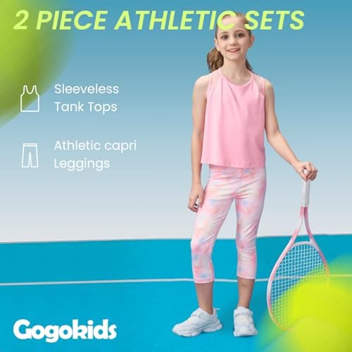 Gogokids Girls' Activewear Workout Set 2 Piece Athletic Sets Sleeveless Mesh Tank Tops and Capris Leggings Yoga Pants, Pink(150/11-12 Years) - Thumbnail 3