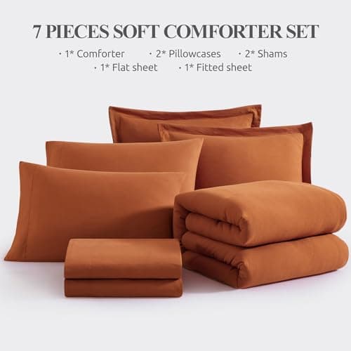 WRENSONGE California King Size Comforter Sets, 7 Pieces Soft Burnt Orange Fall Bed in a Bag with Fitted Sheet, Flat Sheet, 2 Pillow Shams, 2 Pillowcases, Warm Bedding Sets for All Seasons - Thumbnail 6