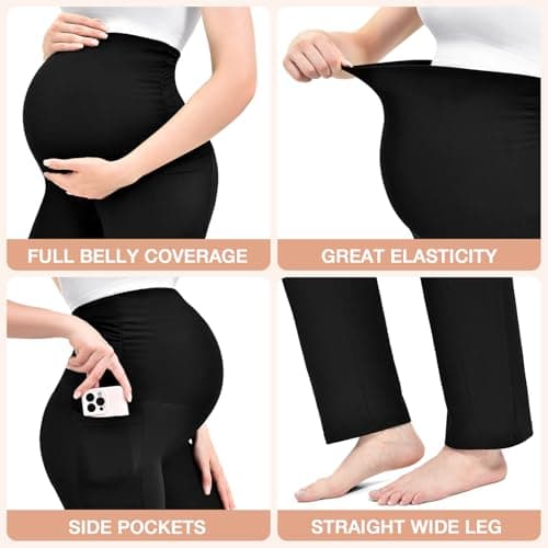 Leafigure Maternity Pants with Pockets Over The Belly Lounge Wide Leg Yoga Pants for Women Pregnancy Black M - Thumbnail 4