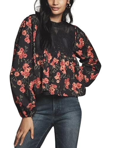 Lentta Women's Lace-Detail Blouse Floral Pattern Long Sleeve Crew Neck Pleated Poplin Mesh Flared Swing Babydoll Tops(BlackRed-L) - Image 1