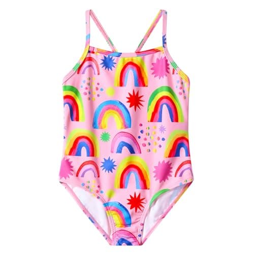 TRENDSTITCH Girls Swimsuit Quick Dry One Piece Bathing Suit Rainbow Pink One Shoulder Kids Swimwear for 5-6 Years - Image 1