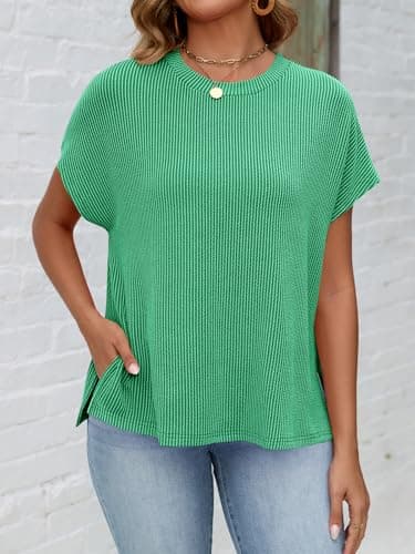 Womens Oversized Tshirts Summer Casual Cap Sleeve Ribbed Tops Loose Fit Flowy Dolman T Shirt Plus Size Teacher Outfits Tees Green L - Thumbnail 6