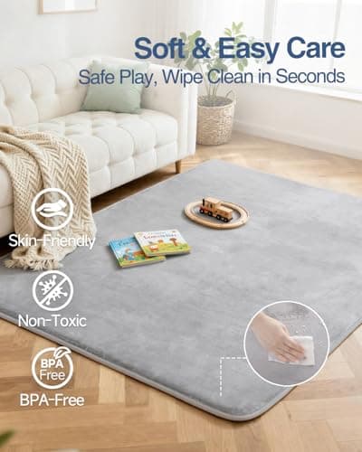 Thick Baby Play Mat for Floor,Padded Foam 59x39 Tummy Time Mat,Ultra Soft Support&Plush Feel Bedside Rugs,Non Slip for Toddler,Infants,Kids Play,Yoga,Baby Crawling (Light Grey) - Thumbnail 3