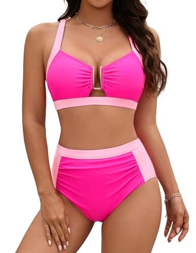 Hanna Nikole Womens High Waisted Bikini Sets Two Piece Tummy Control Swimsuit Push Up Bathing Suit Slimming Modest Swimwear (Pink, M) - Image 1