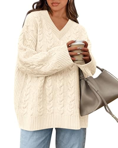 Okiwam Women's Oversized Sweaters Long Sleeve V Neck Cable Knit Pullover Tops Fall Outfits Spring Fashion Clothes 2026-L Beige - Image 1