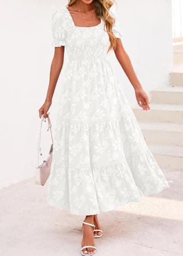 Lazysmile Women's Summer Boho Floral Maxi Dress Short Sleeve Square Neck Smocked Ruffle Elegant Wedding Guest Dress White - Thumbnail 4