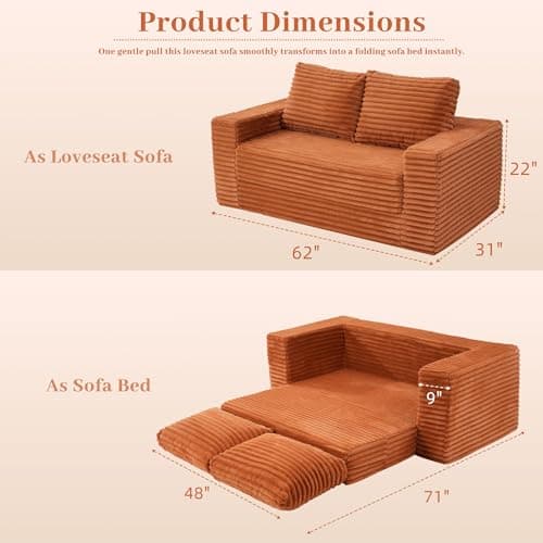 HABUTWAY Convertible Folding Sofa Bed Couch,3 in 1 Pull Out Couch Bed,Loveseat Sleeper Sofa Bed,Boneless Couches with Pillows for Living Room Bedroom, Brown - Thumbnail 2