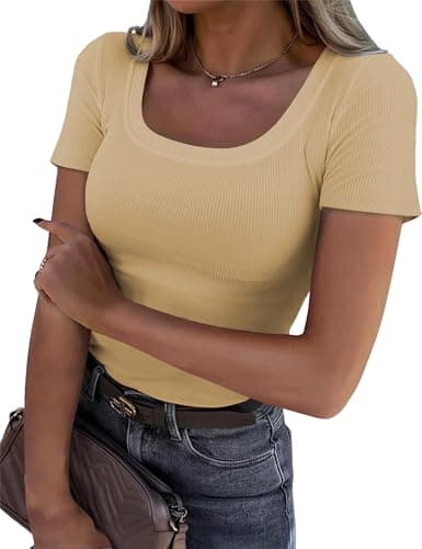 C.O.Z.Y Womens Short Sleeve Scoop Neck Tops Ribbed Knit Basic Tee Casual Summer Fitted Shirts 2025 Trendy Outfits Tan X-Large - Image 1