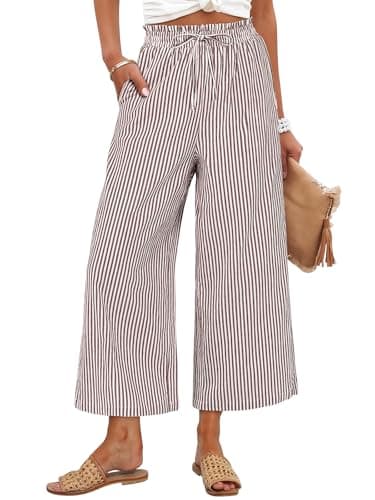 ANRABESS Womens Striped Gingham Palazzo Capri Pants Pajama Wide Leg Lounge Trousers Plaid Cute Crop PJ Bottoms with Pockets Brown White Stripe Medium