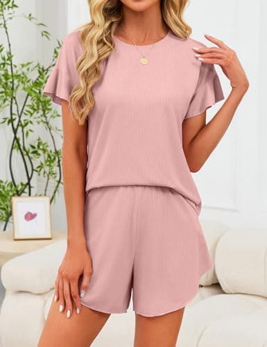 JUSTFASHIONNOW Women's Pajama Set Ruffle Sleeves Top and Short Soft 2 Piece Loungewear Set Pink - Thumbnail 2