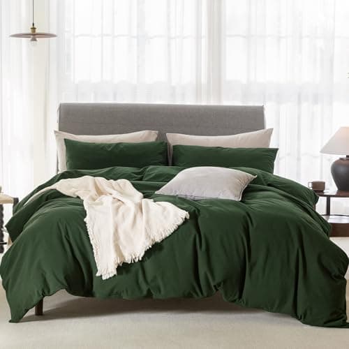 ELIMMO Cooling Duvet Cover Set 3 Pieces-100% Washed Cotton Linen Like Textured Ultra Soft Cozy Bedding with Zipper Closure,Includes 1 Duvet Cover & 2 Pillow Shams(Forest Green,Oversized King 120"x98") - Thumbnail 6