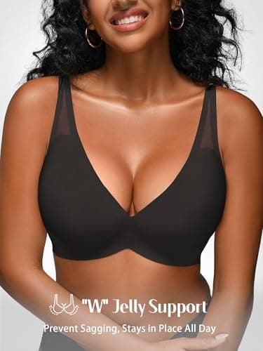 Cuteio Deep V Jelly Bras for Women Seamless Wireless No Underwire Bralette with Support, Comfy Lightly Padded T-Shirt Bra PartialUpdate Pure Black - Thumbnail 2