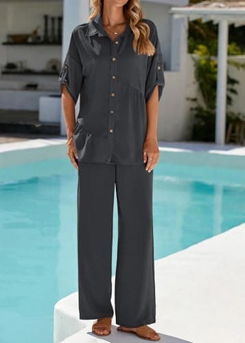 KIRUNDO Two Piece Sets for Women Spring Outfits 2026 Summer Fall Dressy Casual Button Down Shirt Wide Leg Pants Lounge Set(Dark Grey, X-Large) - Thumbnail 3