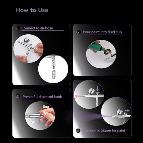 RDSWA Airbrush Kit, Dual-Action Spray Gun with 0.3mm Needle Sets and Gravity Feed 7cc Fluid Cup, Air Brush Gun Ideal for Nail Paint, Makeup, Barber, Cake Decorating, Model,Tattoo Silver - Thumbnail 6