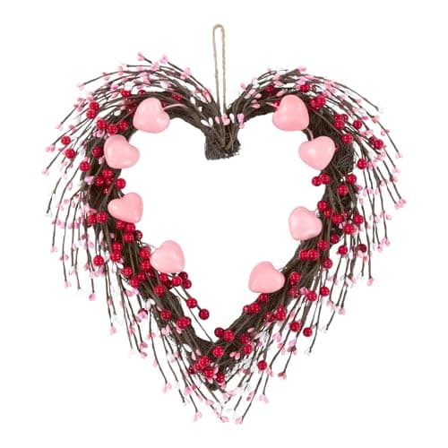 U'Artlines 15 Inch Valentine’s Day Wreath, Pink Heart Shaped Door Wreath with Cute Berries for Valentine’s Day Gift Wedding Anniversary Festival Front Door Wall Decor - Image 1
