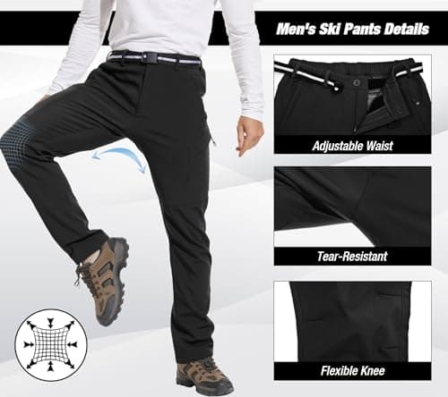 MOURCE Snow Pants Men Windproof, Elastic Waist Fleece Lined Hiking Pants Men with Belt, Black S - Thumbnail 5