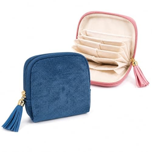 AOzT 2 Pcs Jewelry Organizer Pouches for Travel - Mini Jewelry Travel Case for Women, Soft Storage Bags with Tassel Zipper for Earrings Necklaces Rings Bracelets, Blue Pink - Image 1