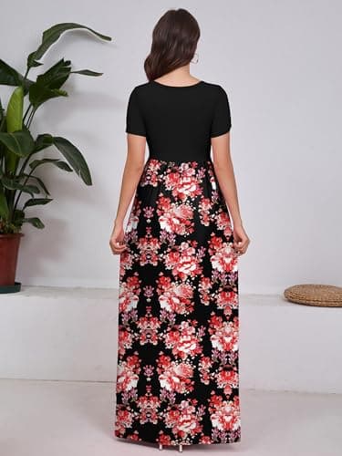 DEARCASE Women Long Dress Flower Red Black Medium Crewneck Boho Short Sleeve Maxi A-line Loose Casual Hawaiian Flowy Party Vintage Spring Summer Beach Dresses with Pockets - Thumbnail 2