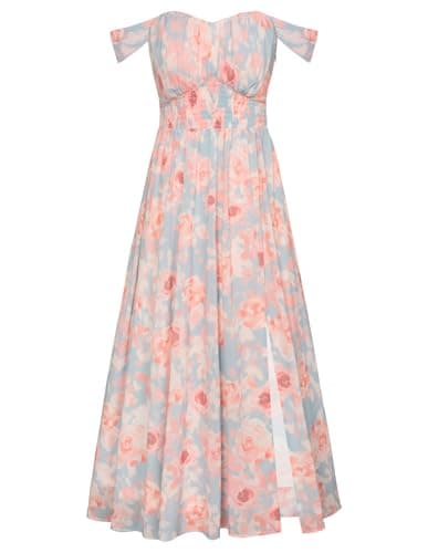 2025 Women's Summer Sleeveless Off Shoulder Floral Flowy A Line Maxi Dresses Light Blue Pink XL - Image 1