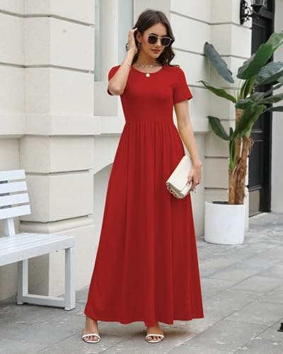 COSSEN Women’s Crewneck Short Sleeve Maxi Dress Red X-Large with Pockets – Casual Loose Swing Sundress for Wedding Guest, Beach & Vacation - Thumbnail 4