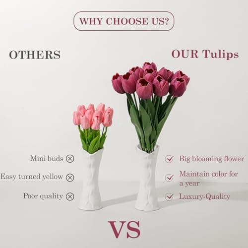 LILUYTO Deep Red Fake Tulips,18.5" PU Artificial Tulips Flowers for Spring Easter Home Kitchen Wedding Bouquet Bulk Mother's Gift Day Decorations - Thumbnail 3