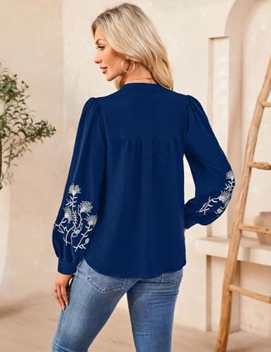 LOOKBOHO Boho Tops for Women Floral Embroidered Long Sleeve Peplum Blouses V Neck Tie Front Mexican Shirt Dressy Casual XL - Thumbnail 3