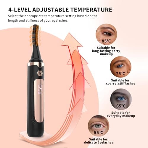 KiiNii Heated Eyelash Curler, Electric Eyelash Curler with 4 Temperature Settings, LED Display, 5S Fast Heating, Type-C Rechargeable Lash Curler, Long-Lasting Curl Styling Tool for Women - Black - Thumbnail 6