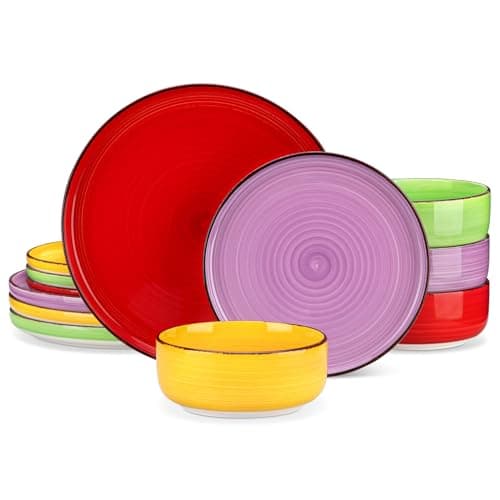 vancasso Bonita Stoneware Dinnerware Sets, 12 Pieces Dishes Set，Polished Round Plates and Bowls Set for 4, Dishwasher and Microwave Safe, Multicolor