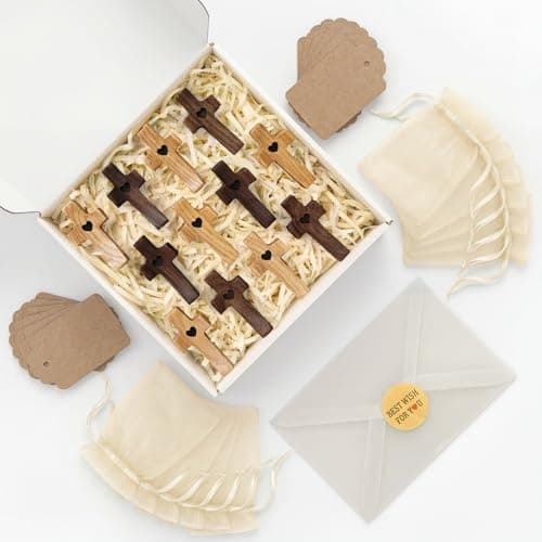 WVX Pocket Crosses in Bulk - 12 Pack (6 Walnut, 6 Natural) 1.97in Small Wooden Comfort Holding Cross - Real Solid Wood with Bags & Tags - Christian Sympathy, Memorial Gifts for Adults & Weddings - Image 1