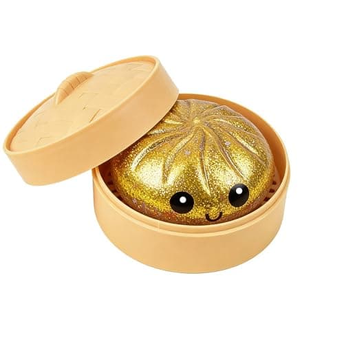 Dumpling Squishy Toy, Dumpling Squishy Mystery Box, Easter Basket Stuffers, Squeeze Dough Ball Stress Relief Hand Toys with Food Steamer Stretchy Desk Toys (Gold) - Image 1