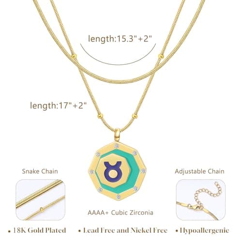 LETFLY Taurus Zodiac Necklace for Women, 18K Gold Plated Octagon Shaped Pendant with Cubic Zirconia Adjustable Layered Snake Chain for Womens Jewelry Gifts - Thumbnail 4