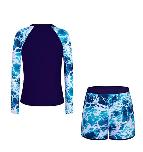 Alakuoti Girls Rash Guard Swimsuit Two Piece Bathing Suit UPF 50+ Sun Protection Long Sleeve Swimwear Size 10 Blue Ocean - Thumbnail 6