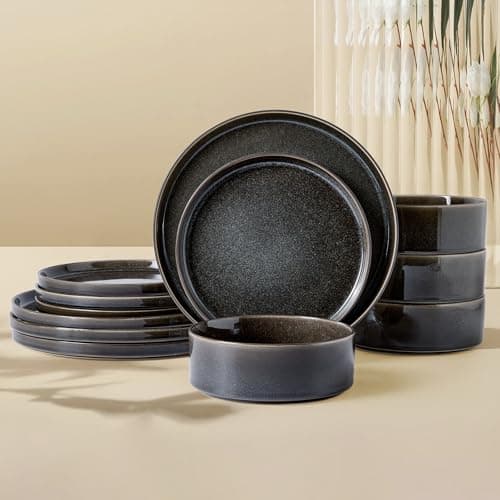 ALOFMO Dinnerware Sets for 4, ceramics Plates and Bowls Set, 12-Piece Modern Stoneware Dinnerware – Chip Resistant, Non-Toxic, Dishwasher and Microwave Safe Tableware, Black - Image 1