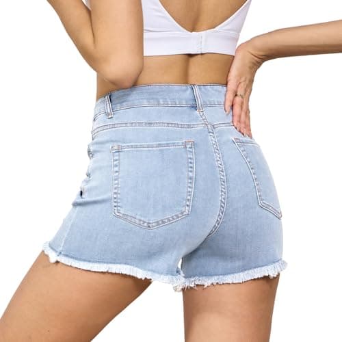 VIPONES Women Jean Shorts High Waisted Stretchy Frayed Raw Hem Vintage Casual Denim Shorts（85-Blue Breeze,12） - Thumbnail 4