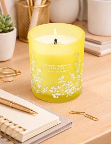 Coconut Mandarin Vanilla Wood Wick Candle | 10.6oz Yellow Glass Jar Soy Scented Candle for Home | Tropical Citrus Candles | Coconut Vanilla Aromatherapy Candle | Summer Beach Gift for Women & Men - Thumbnail 6