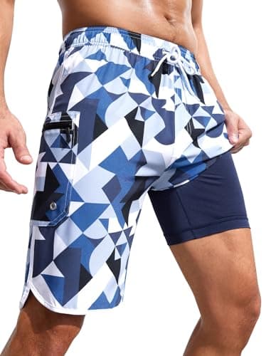 SILKWORLD Mens Swim Trunks with Compression Liner Bathing Suit Drawstring Quick Dry Shorts, Blue White Triangle,XX-Large - Image 1