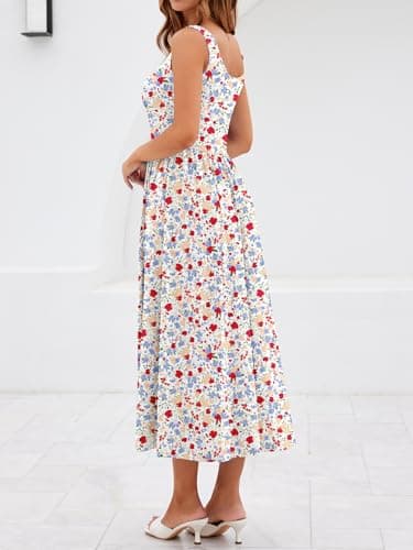 YIOYOLA Sundresses for Women 2026 Casual Dress for Women with Pockets High Waist Square Neck Midi Red Blue Floral Vacation Dresses(YYL645-Blue Red F 01,XL) - Thumbnail 6