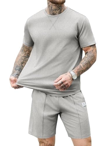 JEMLDL Mens 2 Piece Summer Outfits, Short Sleeve T Shirt & Shorts Loungewear Set, Comfortable Casual Travel Tracksuit Gray M - Image 1