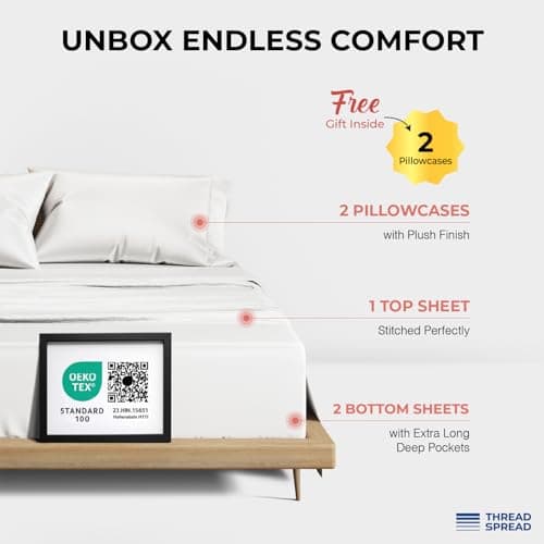 THREAD SPREAD 100% Egyptian Cotton Split King Sheets Sets for Adjustable Bed - Luxury 1200 Series Plush Collection Split Top King Sheets (5 PC, White), Soft, Cooling, 17" Deep Pocket Sheet Set - Thumbnail 3