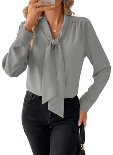 Astylish Women's Bow Tie Neck V Neck Long Sleeve Flowy Elegant Office Work Blouse Tops Gray Medium - Image 1