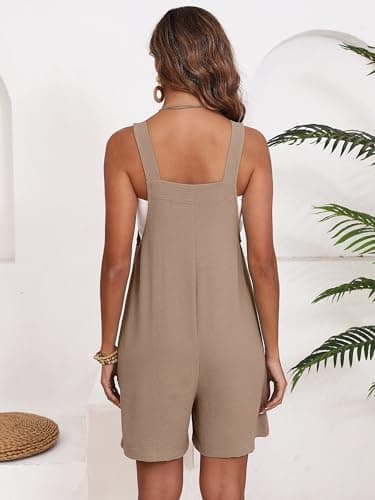 Moodclo Womens Romper Light Khaki 2X-Large Casual Loose Sleeveless 2026 Summer One Piece Outfit Short Jumpsuit Overall Outfits & Pockets - Thumbnail 4