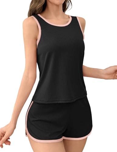 JUSTFASHIONNOW Women's 2-Piece Contrast Trim Pajama Set - Casual Tank Top & Shorts, Soft Ribbed Loungewear(Black XX-Large) - Image 1