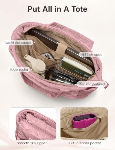 Uselike Tote Bag for Women, Lightweight Puffer Tote Work Bags with Compartments for Travel, Quilted Shoulder Bag with Zipper (Mauve Pink) - Thumbnail 5